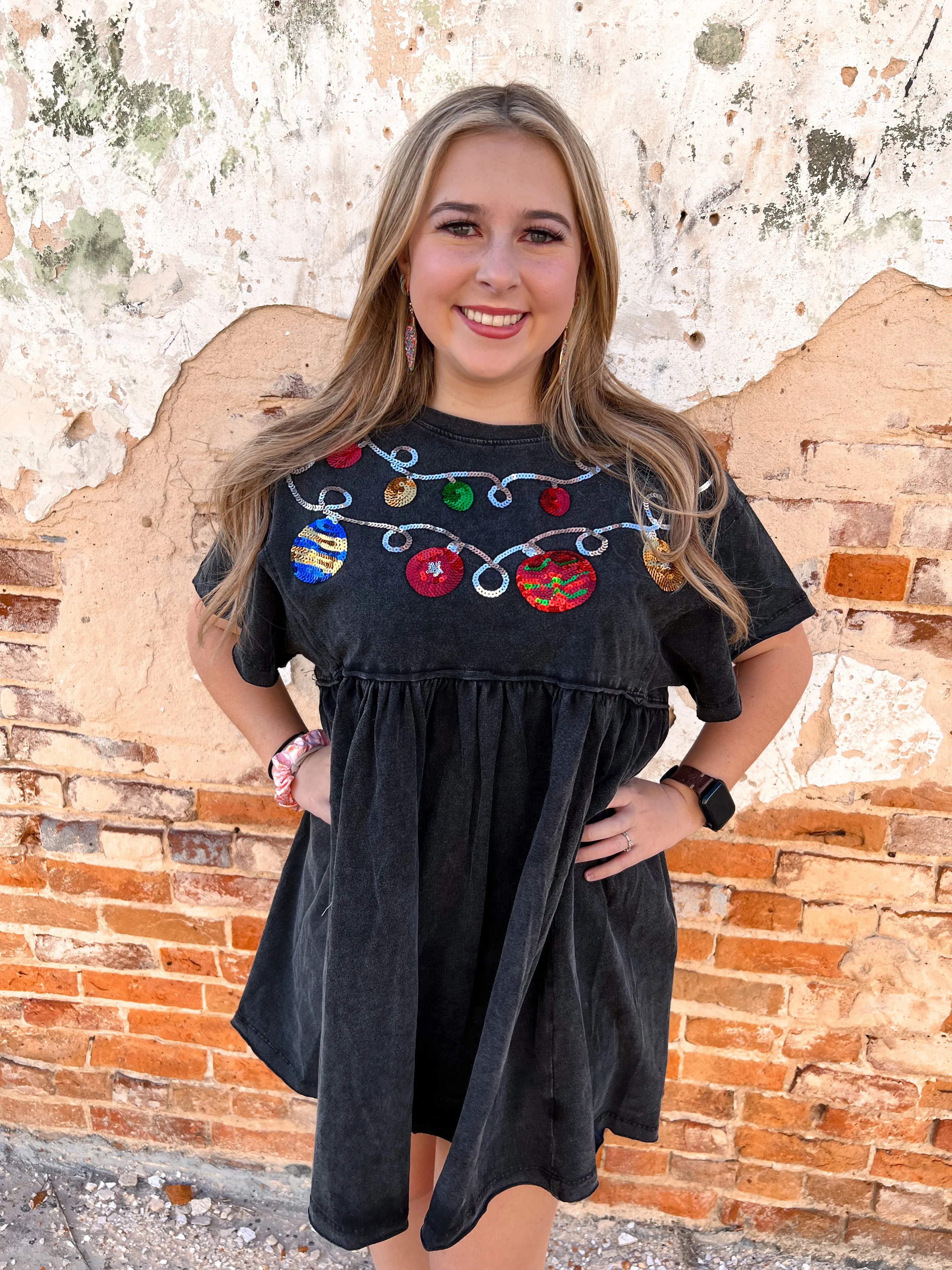 Arabella Christmas Sequin Trim Babydoll Washed Charcoal Dress
