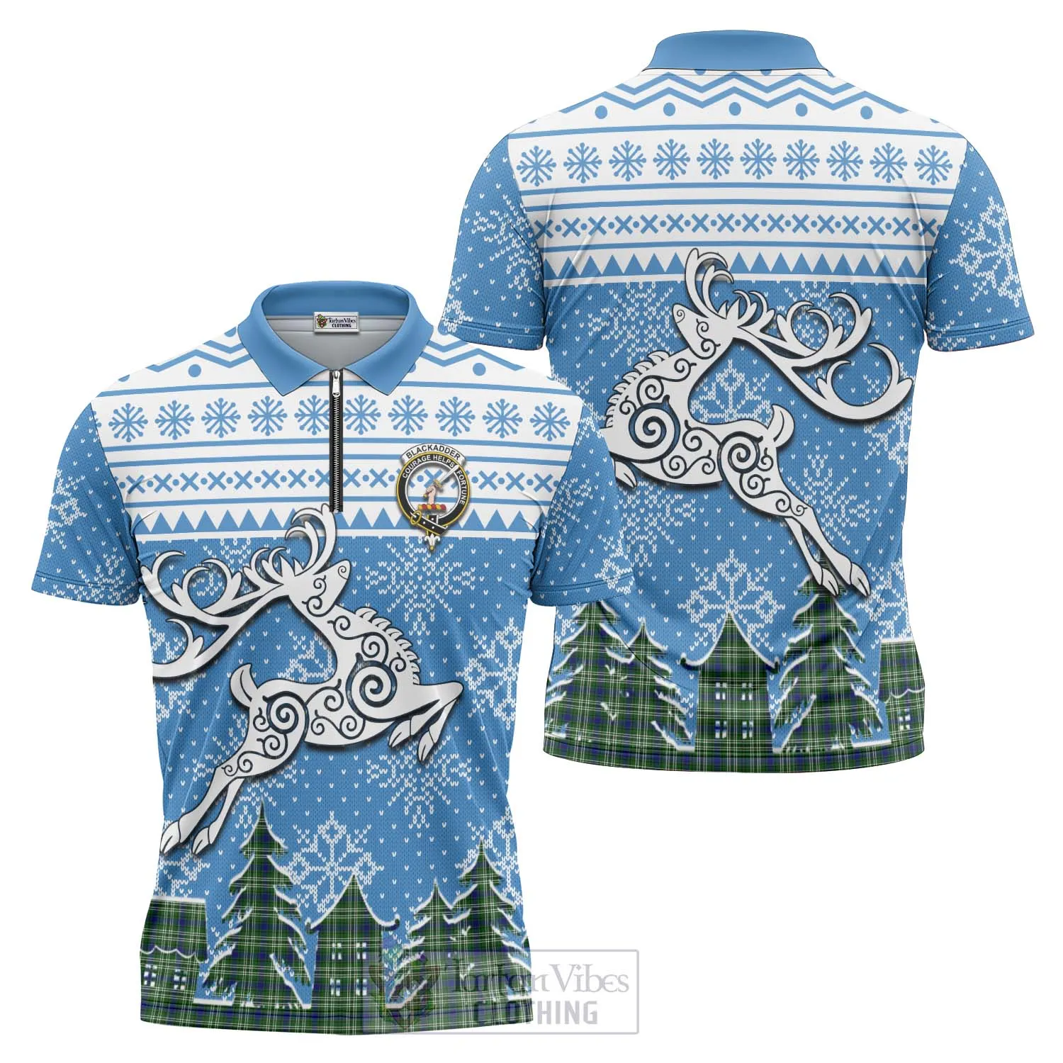Blackadder Clan Christmas Zipper Polo Shirt Celtic Reindeer Style