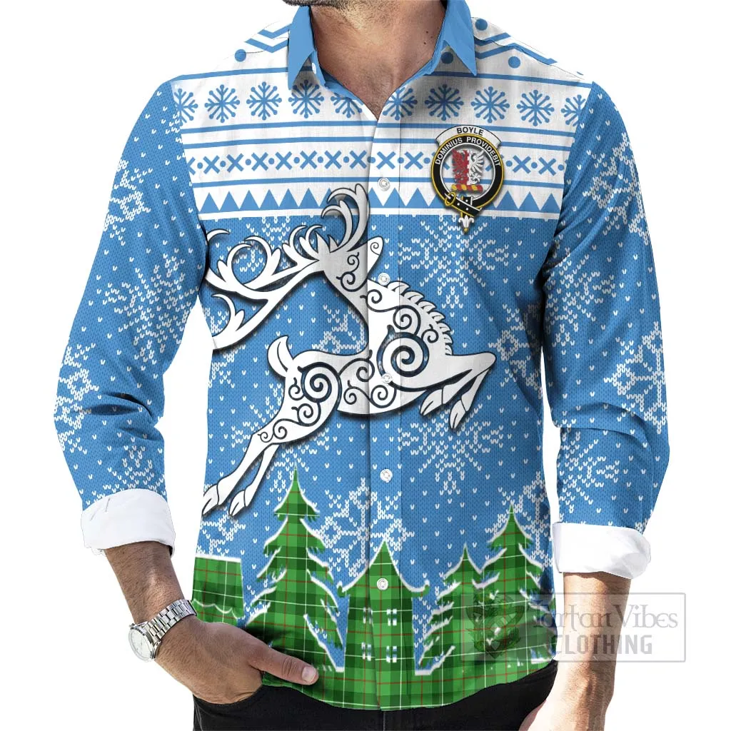 Boyle Clan Christmas Long Sleeve Button Shirt Celtic Reindeer Style