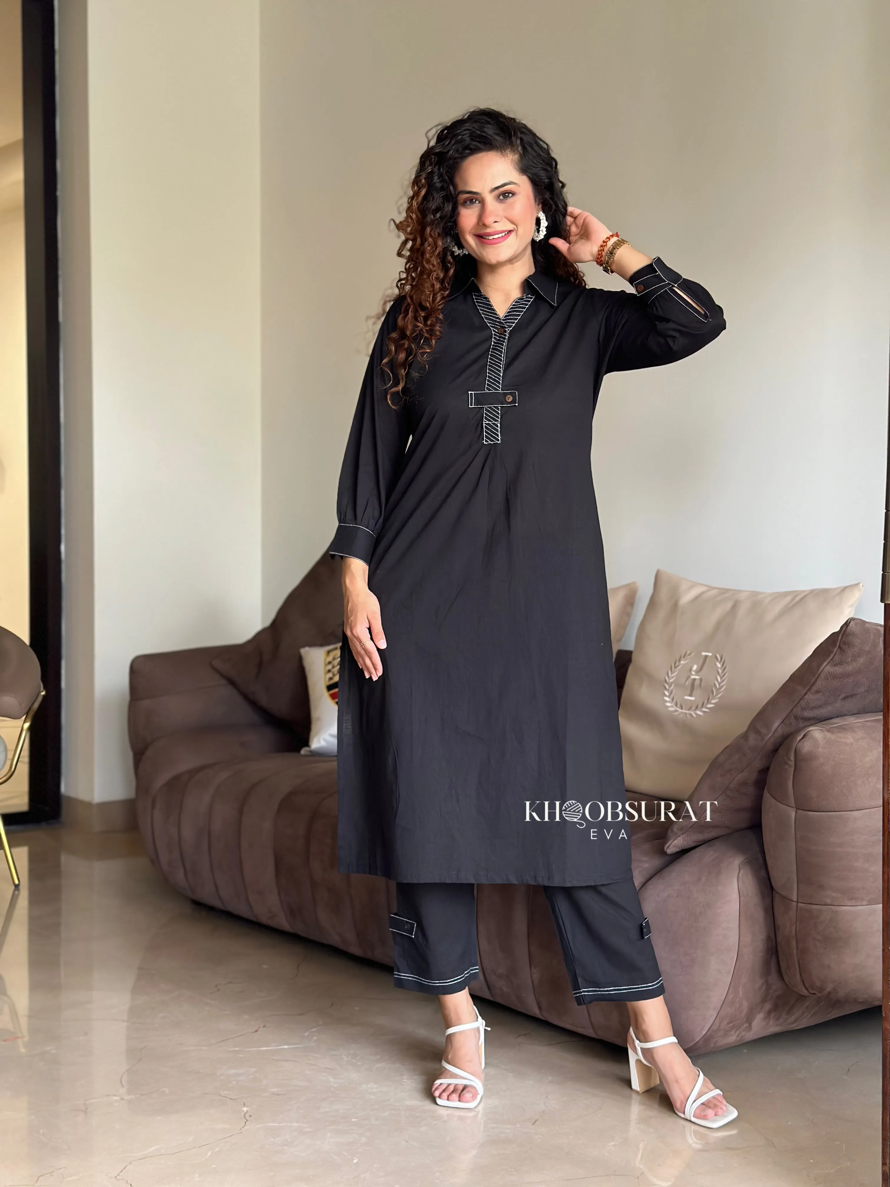 Cotton Casual Black Kurta Set