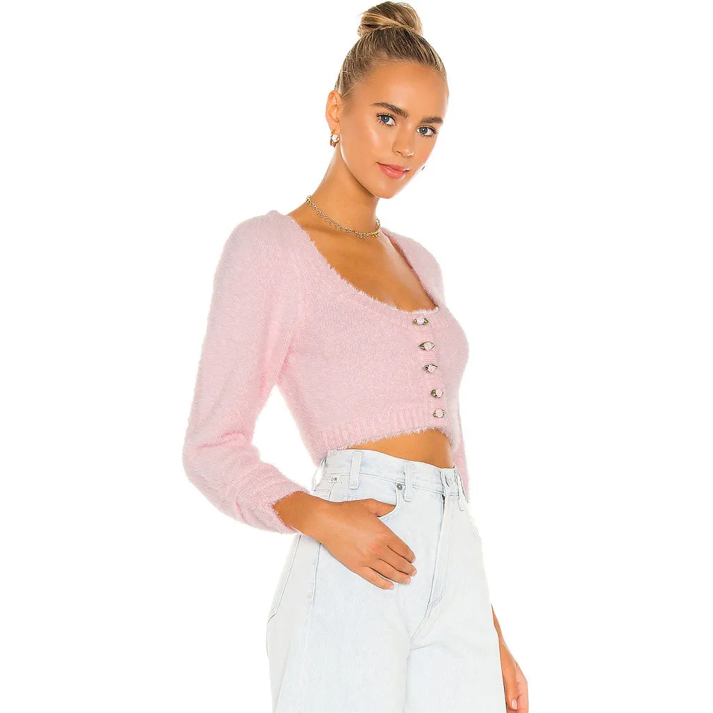 Cute Fuzzy Sleeved Knitted Crop Cardigan - Pink
