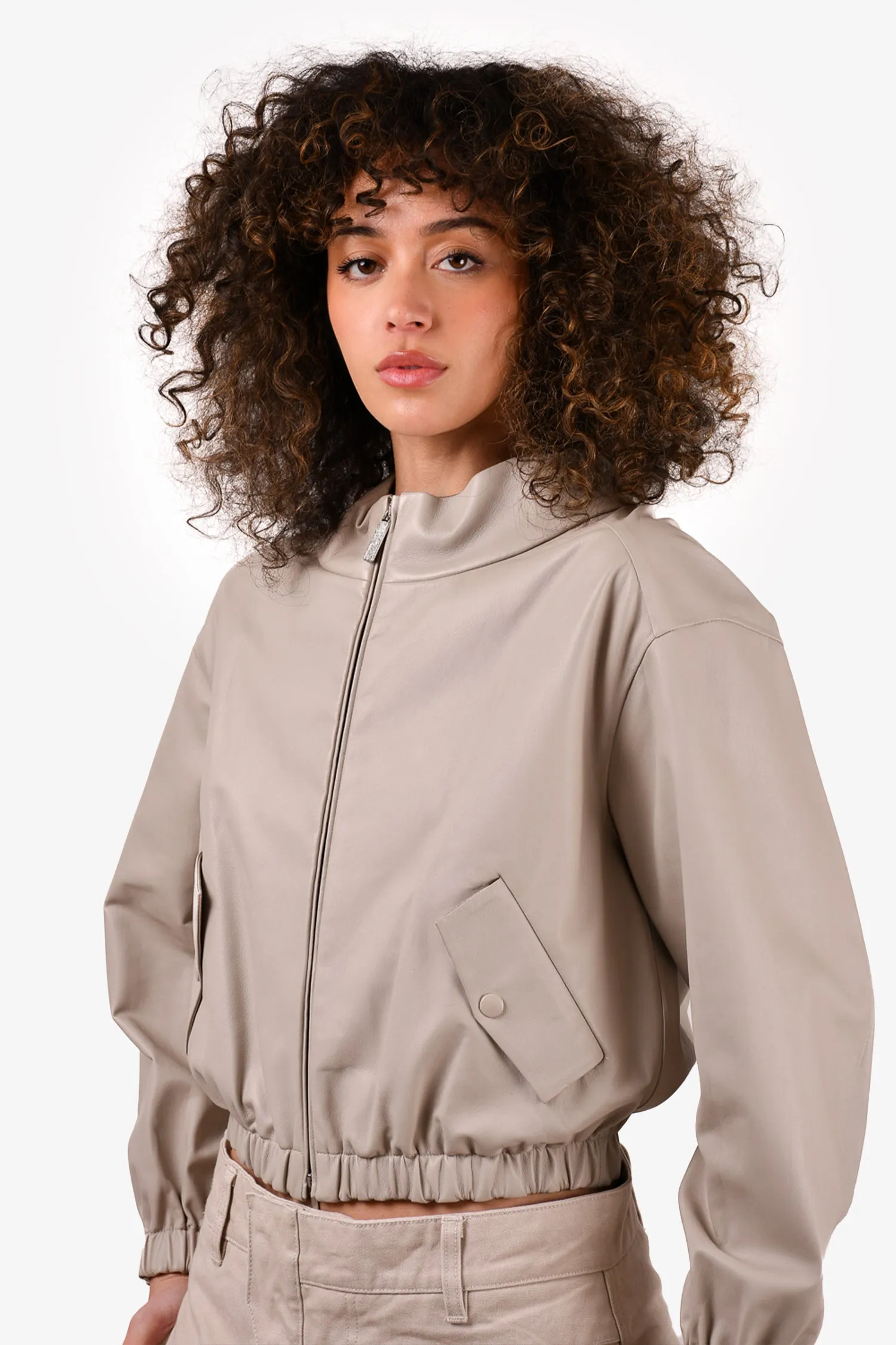 Fabiana Filippi Taupe Leather Bomber Jacket Size XXS