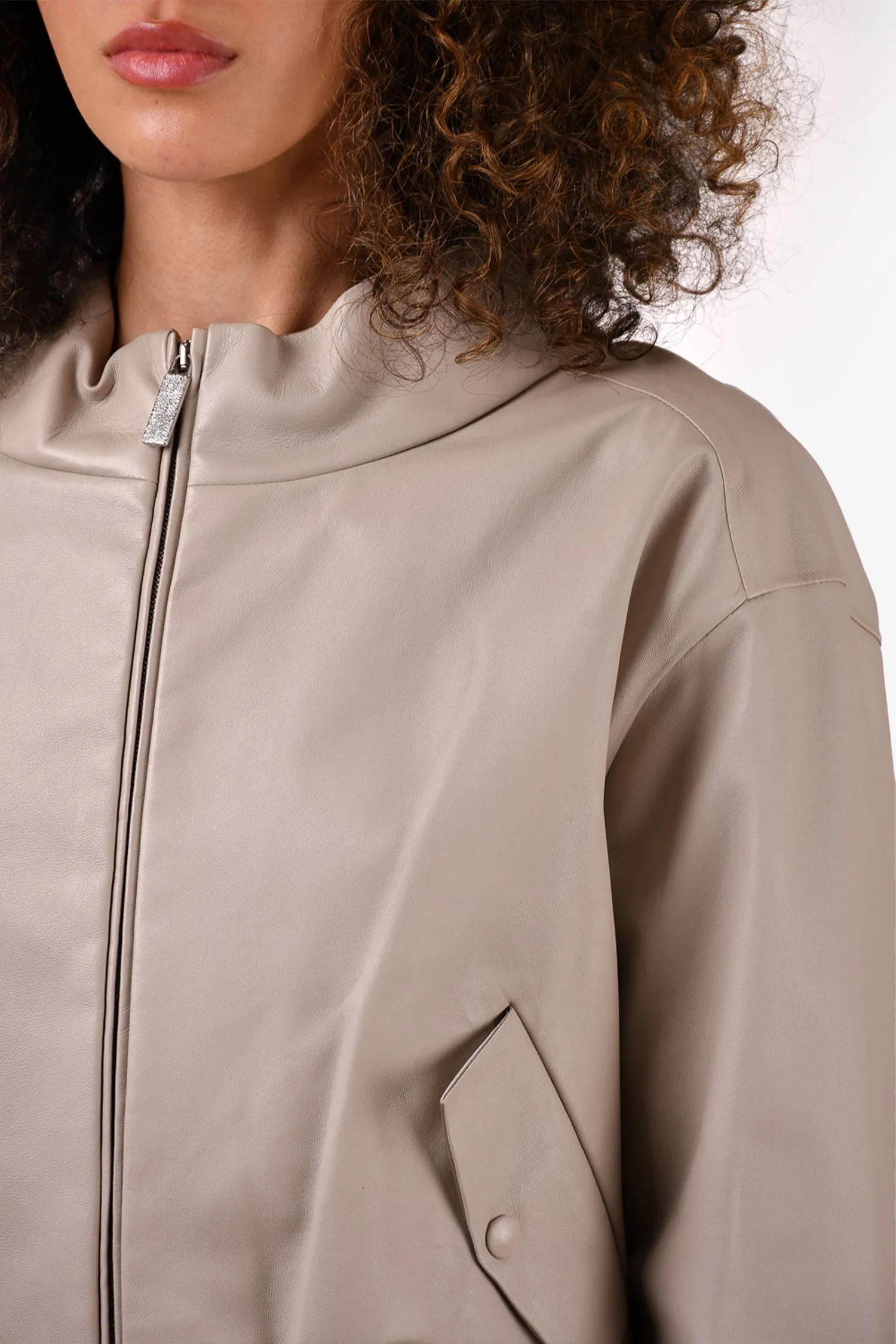 Fabiana Filippi Taupe Leather Bomber Jacket Size XXS