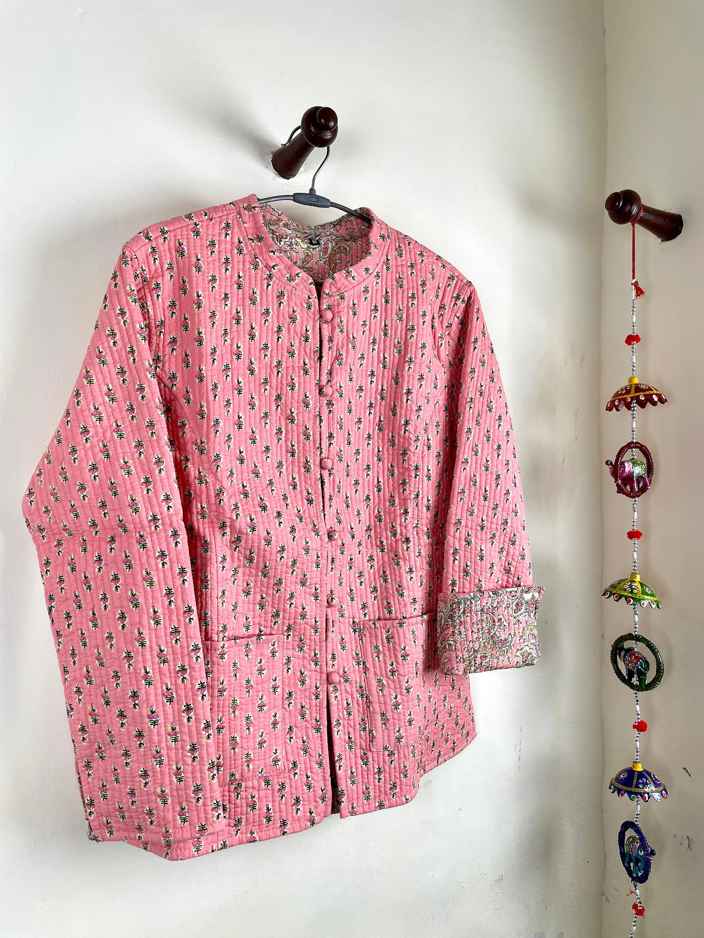 Indian Handmade Quilted Cotton Fabric Jacket Stylish Pink Floral Women's Coat, Reversible Waistcoat, Christmas Gift for Her