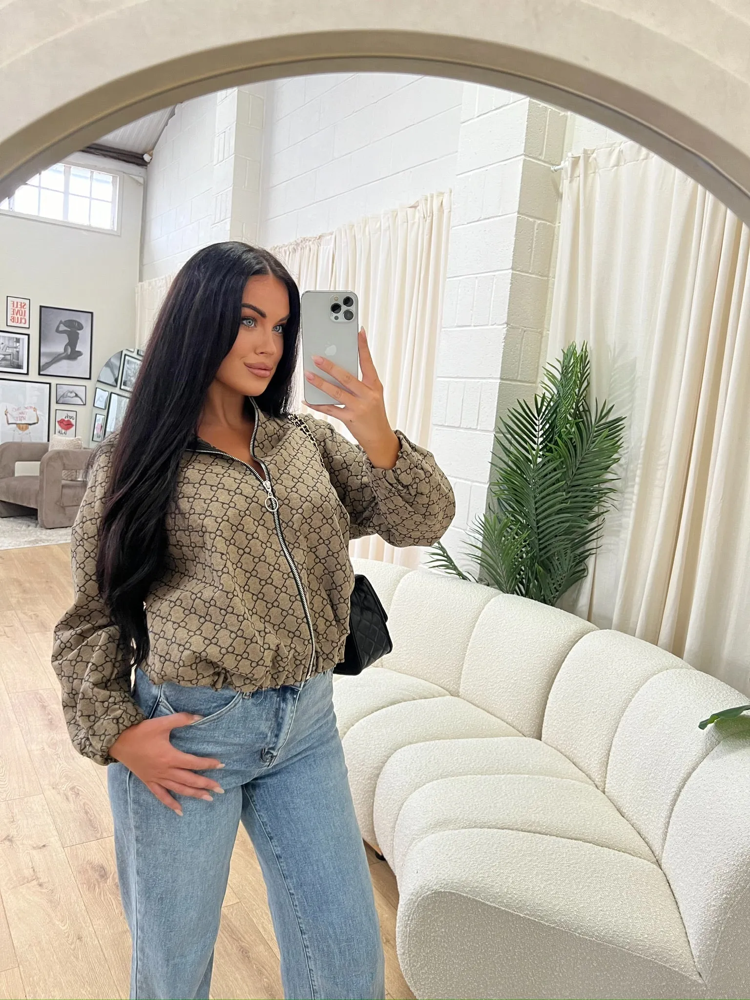Kaydence taupe geo bomber jacket