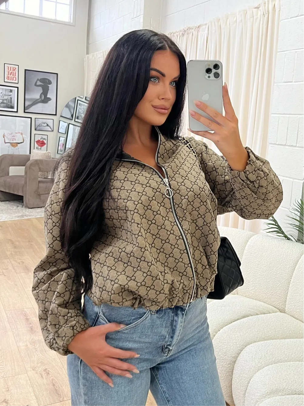 Kaydence taupe geo bomber jacket