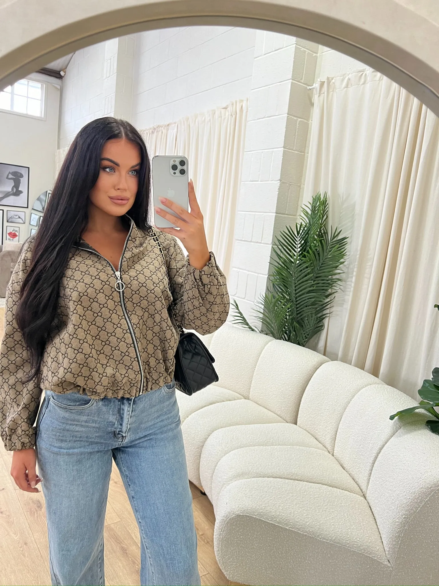 Kaydence taupe geo bomber jacket