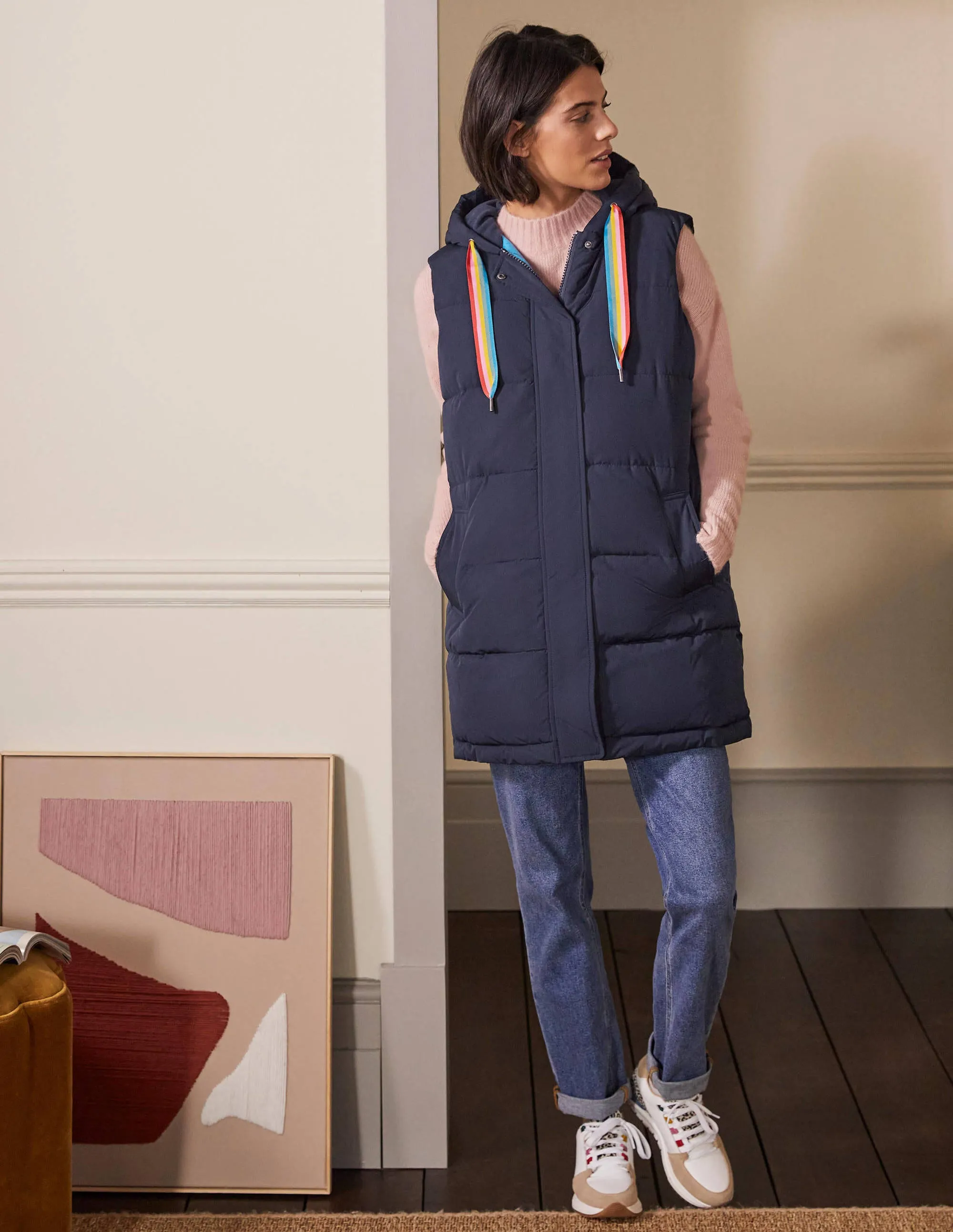 Long Puffer Gilet-Navy/Milkshake