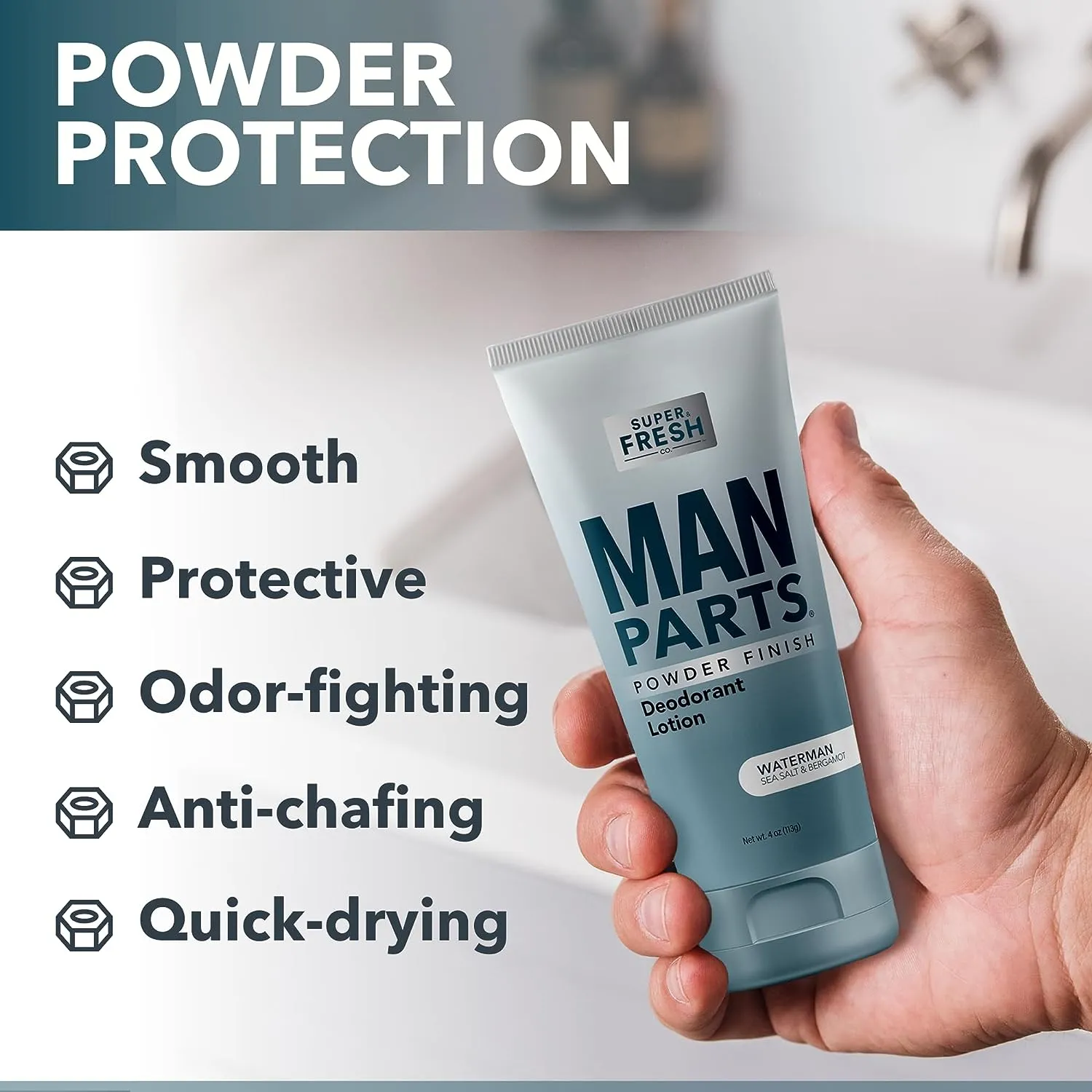 Man Parts - Deodorant for Men - POWDER LOTION - Men's Hygiene Cream for Groin, Butt, & Body - Fresh Control Odor, Anti Chafing, Stop Itch, Absorb Sweat - Aluminum Free - 4 oz Tube