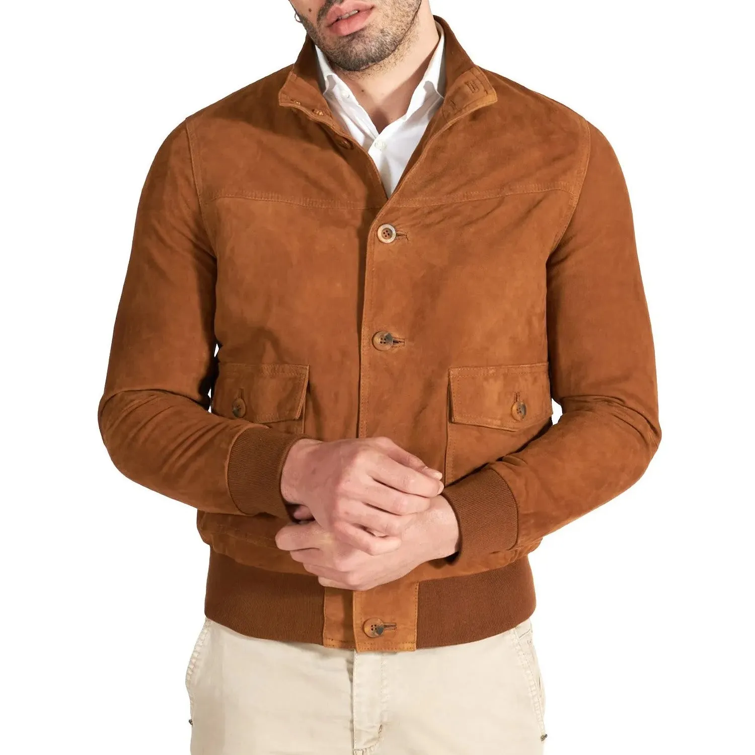 MCKINNON Suede Leather Button Bomber Jacket COGNAC