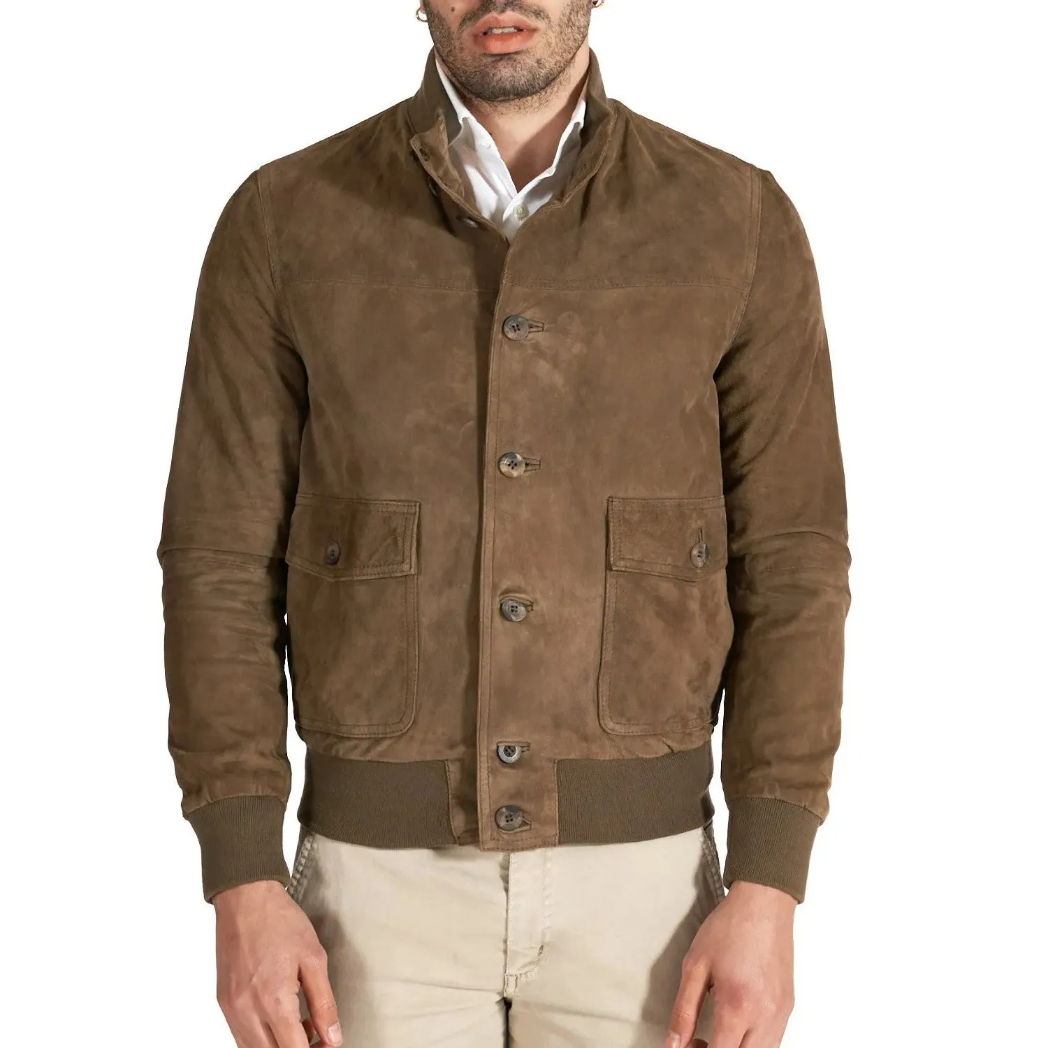 MCKINNON Suede Leather Button Bomber Jacket TAUPE