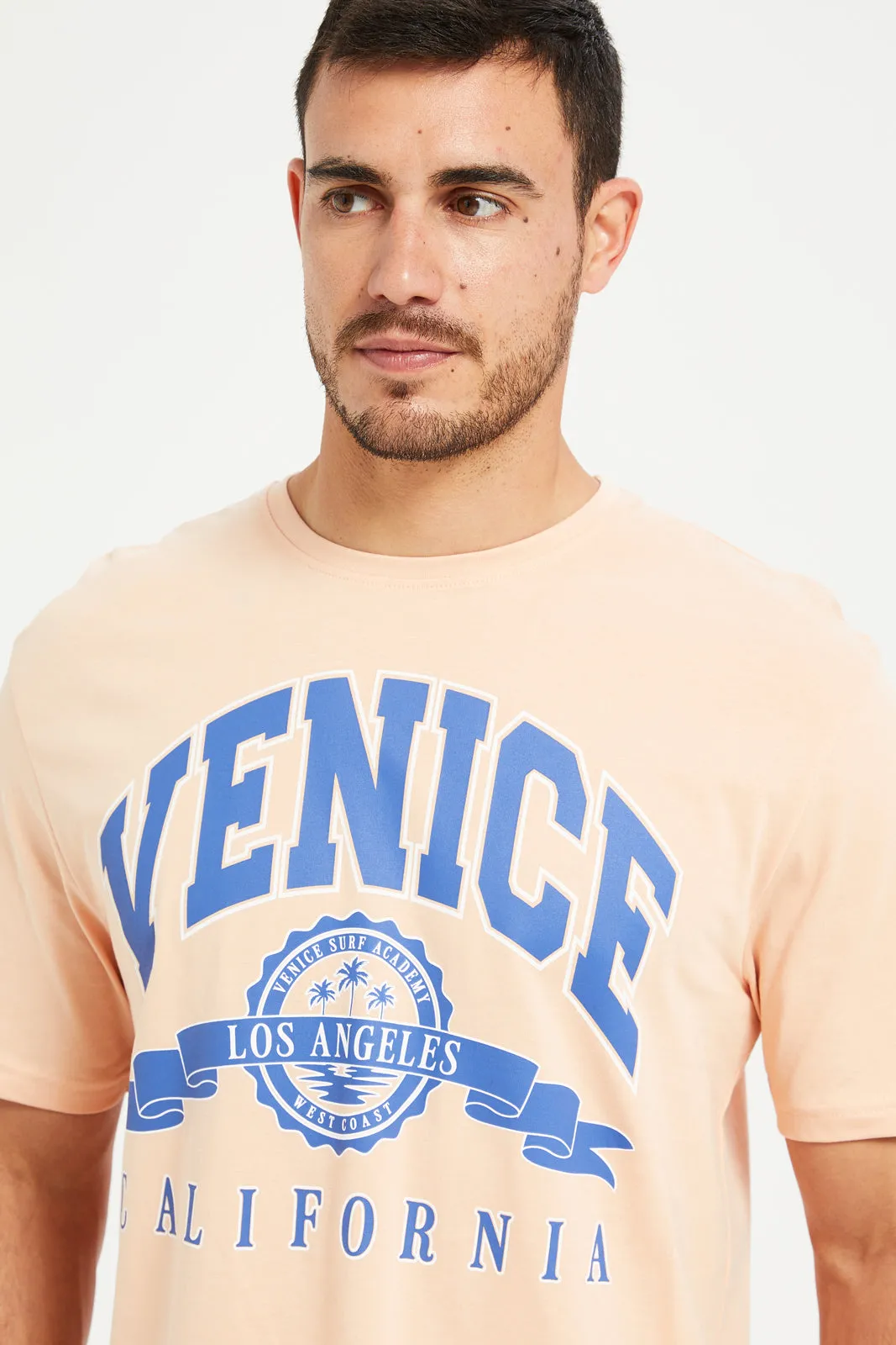 Men Orange Graphic Round Neck T-Shirt