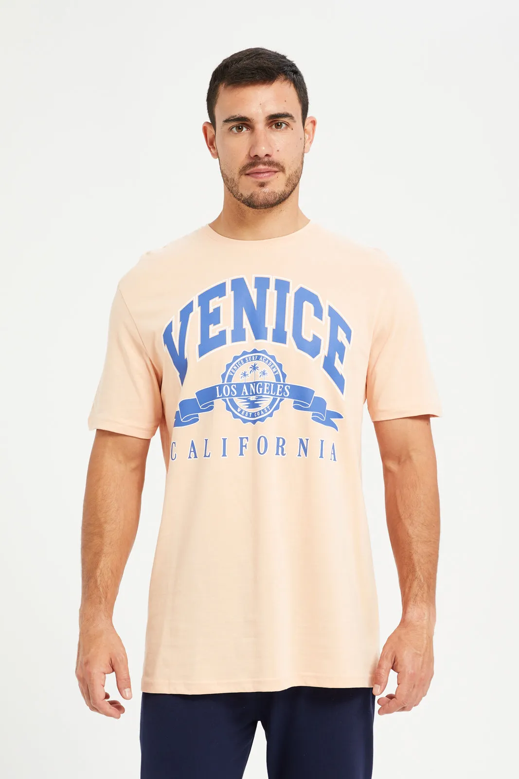 Men Orange Graphic Round Neck T-Shirt