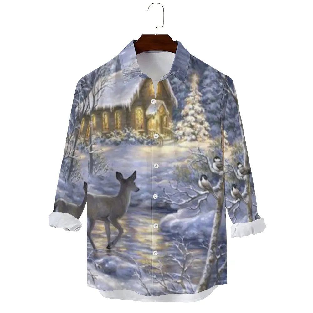 Mens Christmas Reindeer Winter Snow Print Long Sleeve Shirt