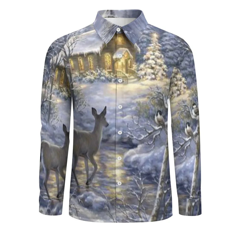 Mens Christmas Reindeer Winter Snow Print Long Sleeve Shirt