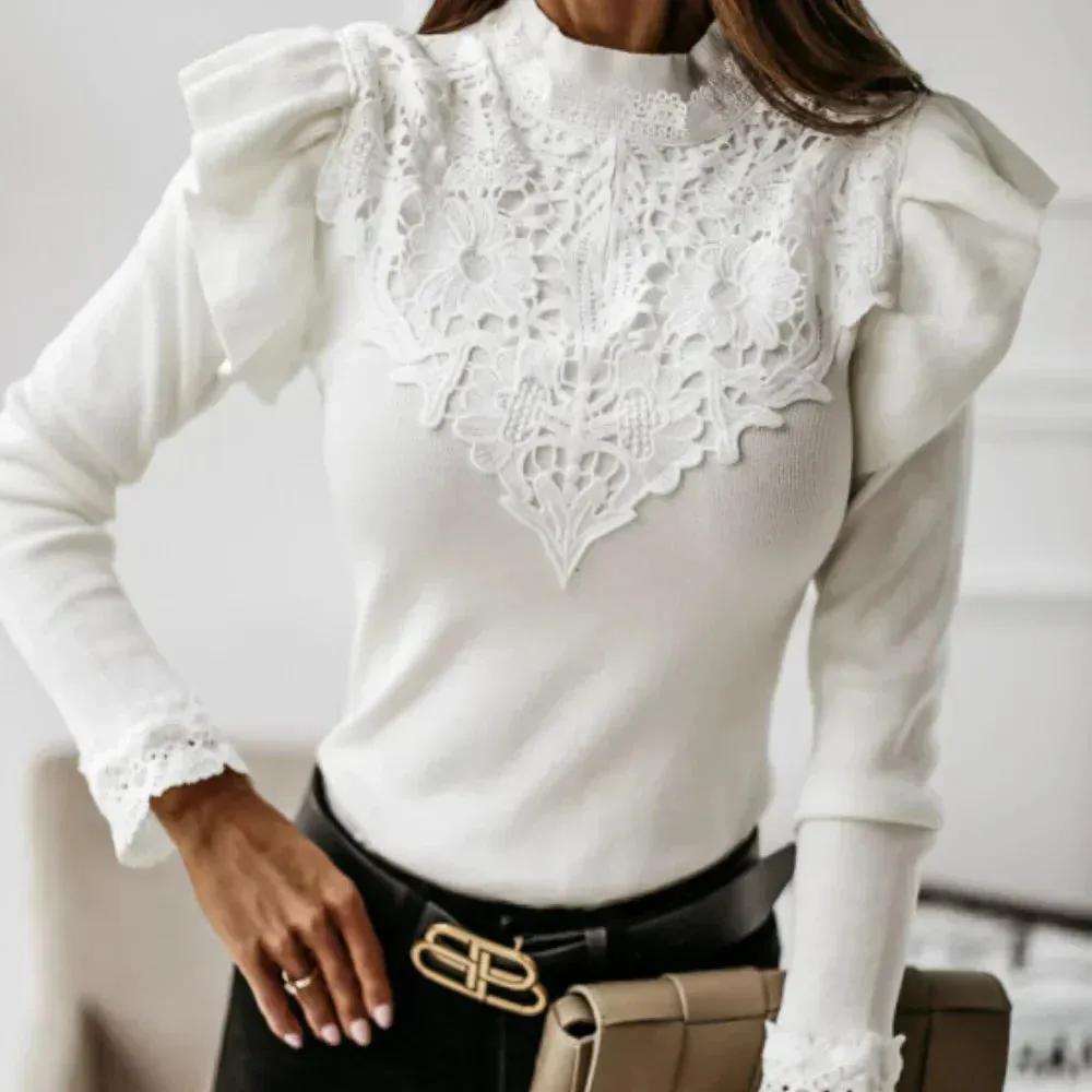 Mina - Women's Sweater with Collar, Ruffles and Lace Details