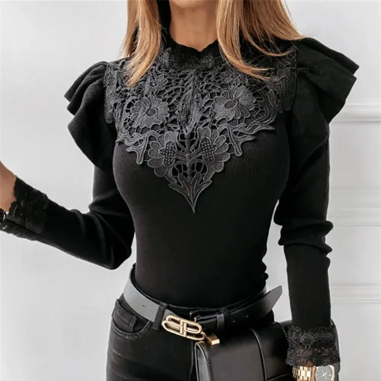Mina - Women's Sweater with Collar, Ruffles and Lace Details