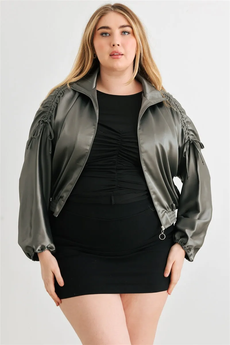 Plus Satin Ruched Cropped Bomber Jacket