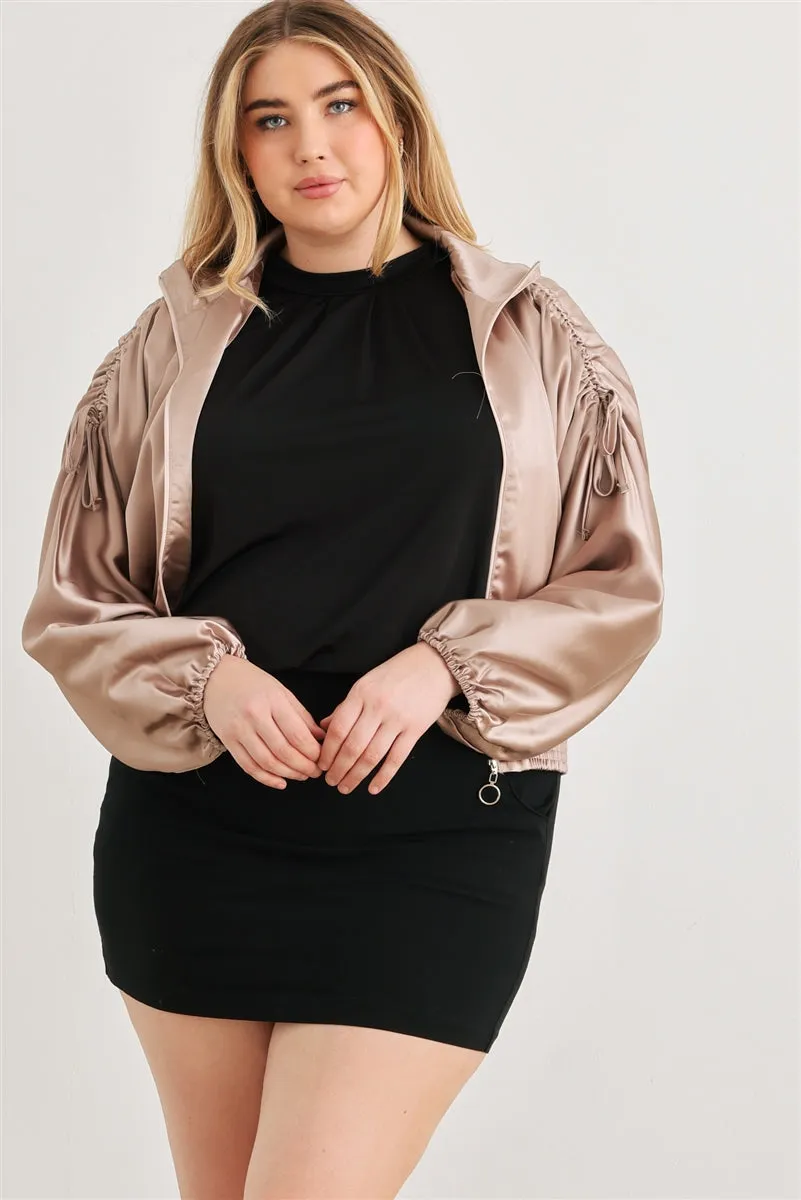 Plus Satin Ruched Cropped Bomber Jacket
