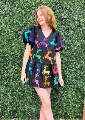 Scattered Reindeer Black Babydoll Dress