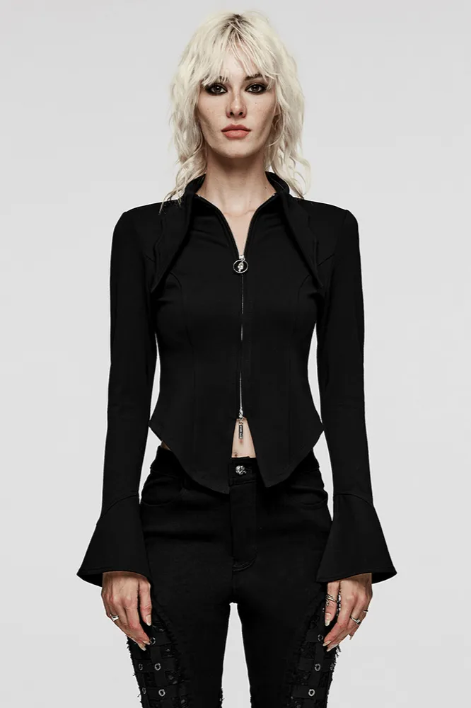 Stylish Gothic Black Batwing Sleeve Zip Up Shirt