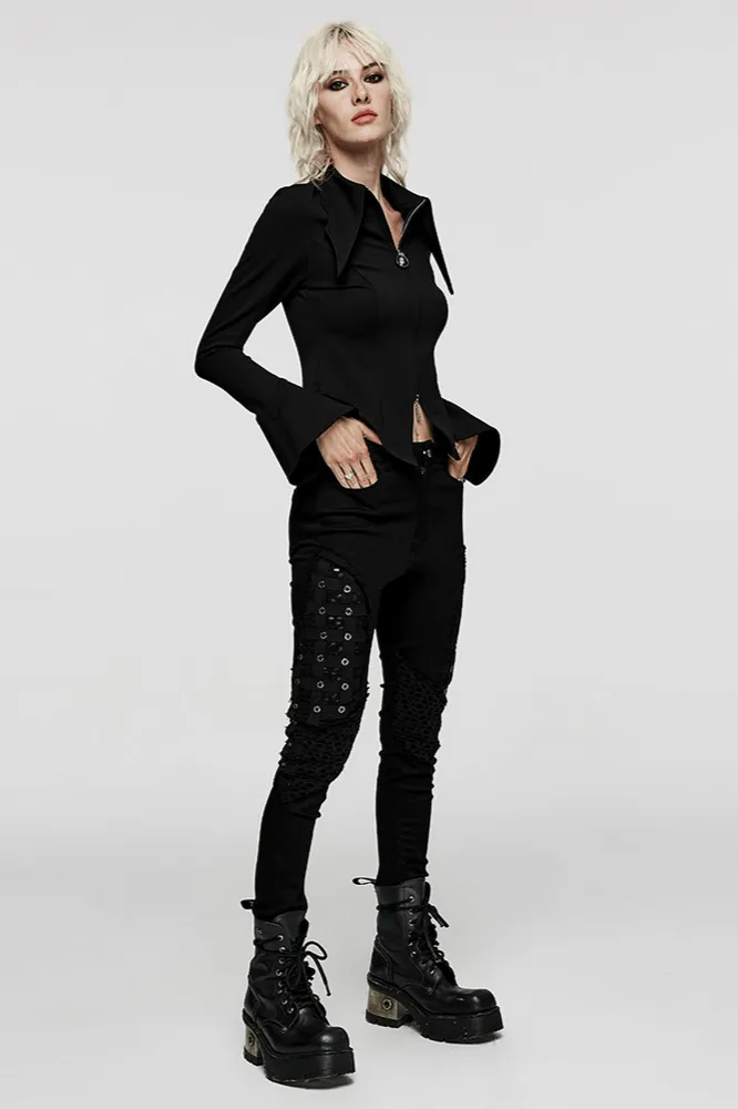 Stylish Gothic Black Batwing Sleeve Zip Up Shirt