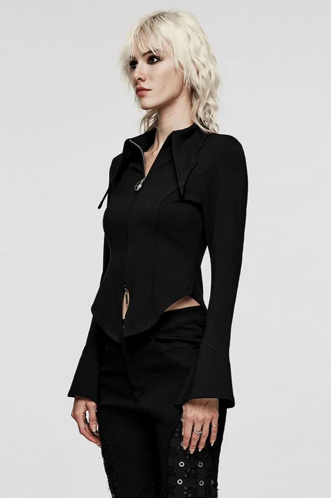 Stylish Gothic Black Batwing Sleeve Zip Up Shirt
