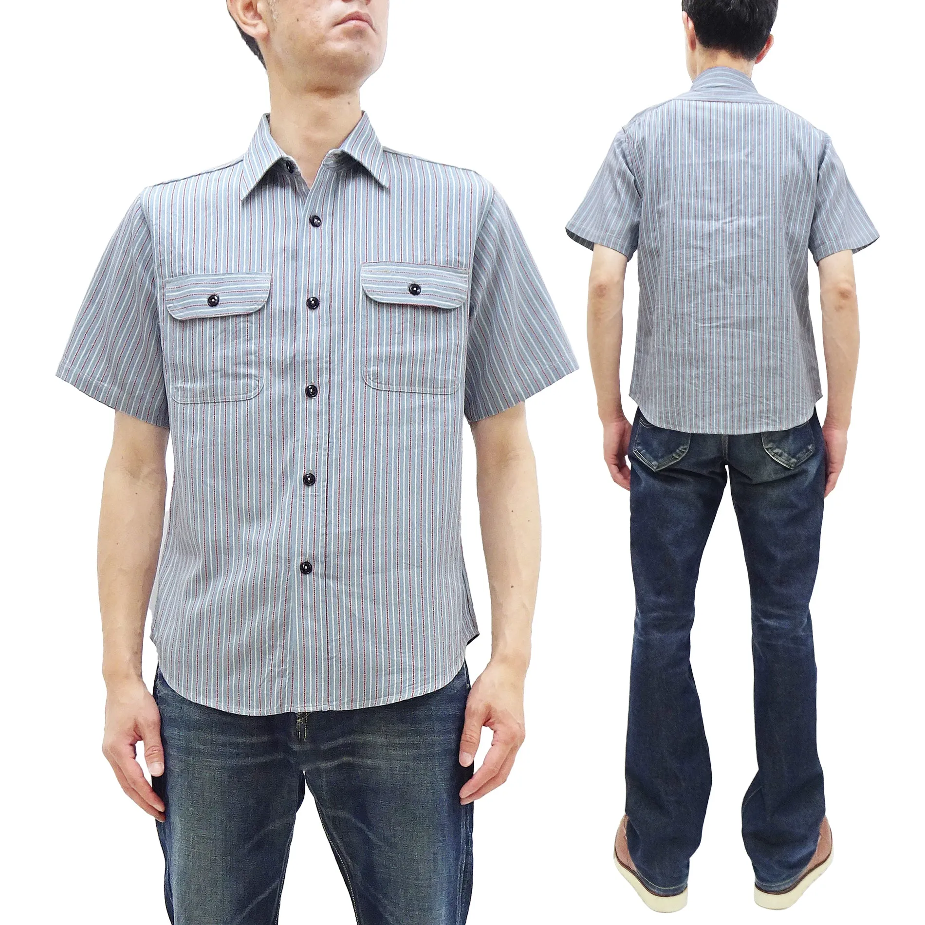 Sugar Cane Cotton Dobby Stripe Shirt Men's Casual Short Sleeve Button Up Work Shirt Vertical Multi-Striped Pattern SC39306 125 Blue