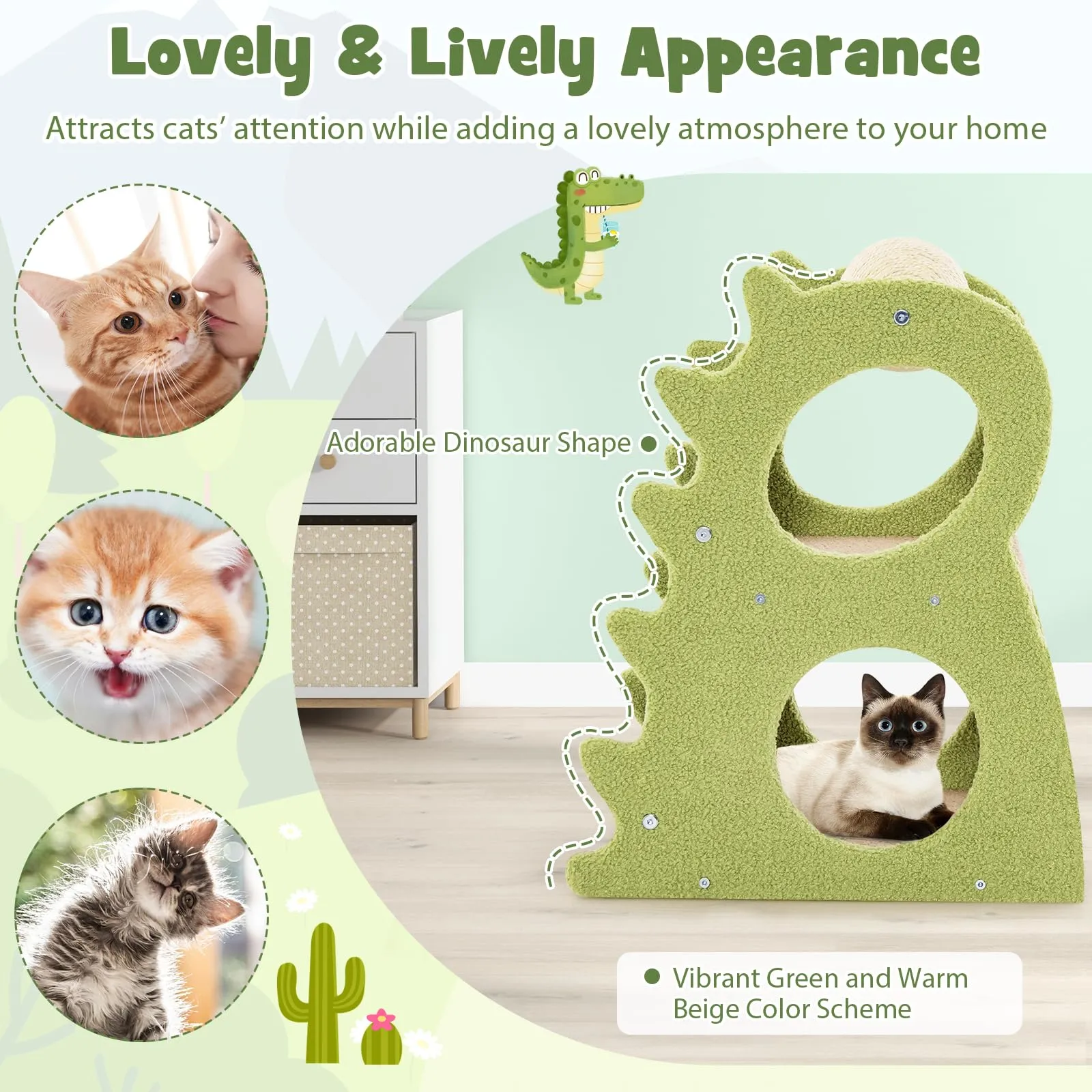 Tangkula Cute Cat Tree, Dinosaur-Shaped Cat Tower with Rotatable Sisal Scratching Ball (Green)