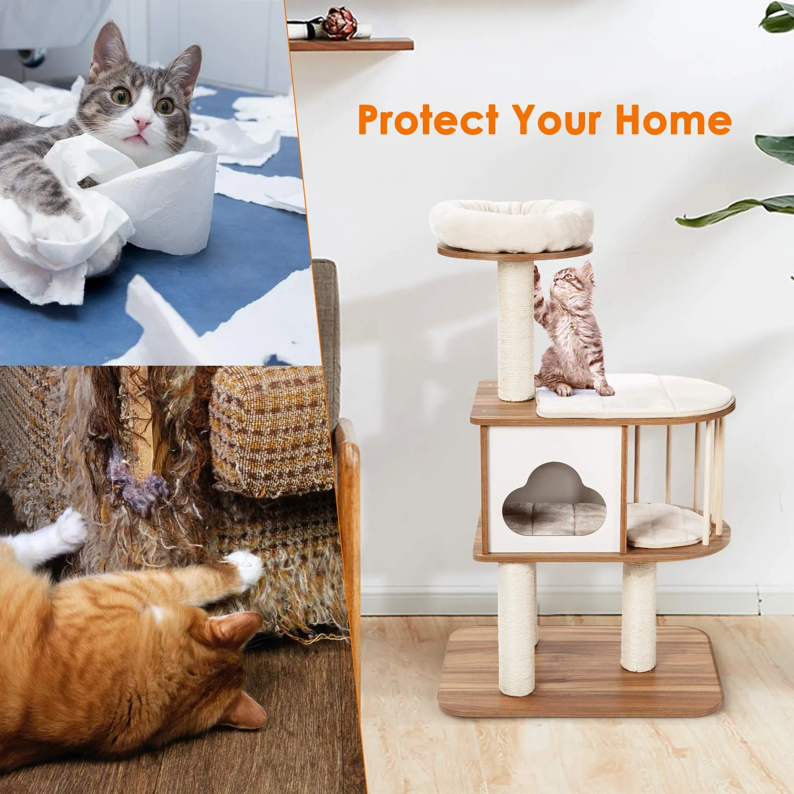 Tangkula Modern Wood Cat Tree, 46 Inches Cat Tower with Platform, Cat Activity Center with Scratching Posts and Washable Cushions